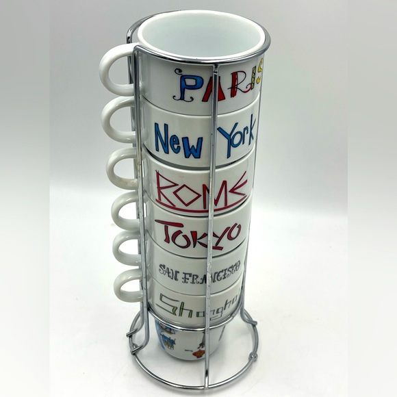 7pc World Market Stackable Mugs New York Rome Tokyo Paris Shanghai San Francisco - Picture 6 of 16